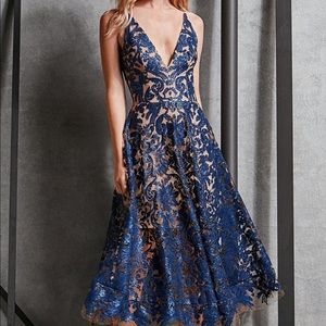 Brocade Look Deep Blue Mid Length Cocktail Dtess